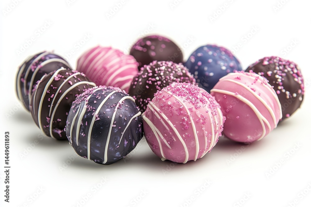 Obraz premium Delicious chocolate truffles decorated with colorful icing and sprinkles on a white background