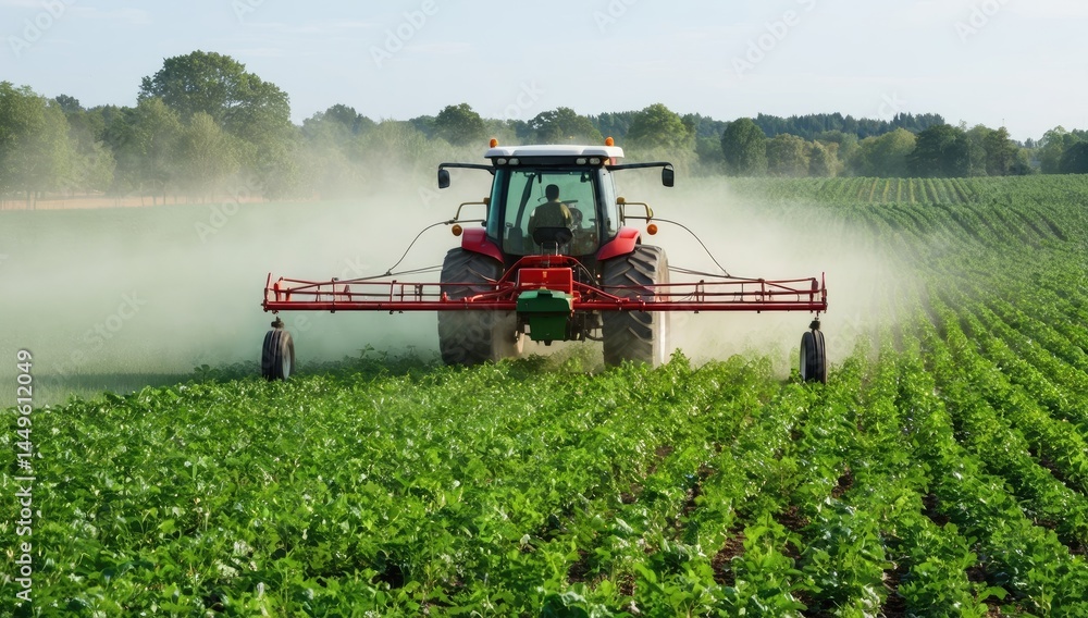 Fototapeta premium Precision crop spraying in a lush green potato field, showcasing modern agricultural techniques