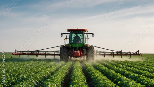 Precision crop spraying in a lush green potato field, showcasing modern agricultural techniques