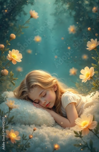 Illustration of sleeping girl with blond hair surrounded by flowers. Young lady sleeps peacefully on cloud pillow in magical floral garden, dreamland, fairy tale. Artistic illustration, for