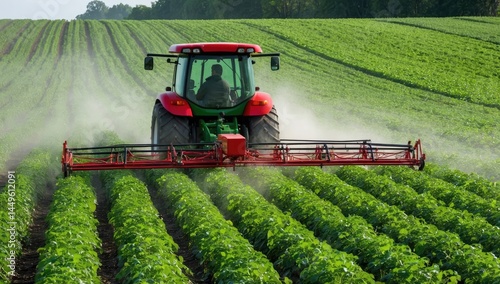 Precision crop spraying in a lush green potato field, showcasing modern agricultural techniques