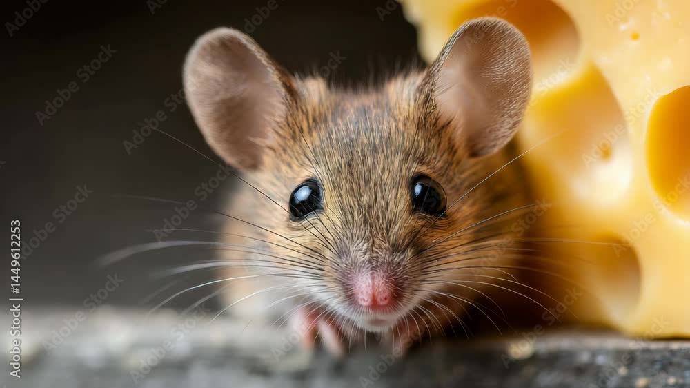 Small mouse is standing in front of a large piece of cheese. The mouse is looking at the camera with a curious expression Small mouse is standing in front of a large piece of cheese. The mouse is looking at the camera with a curious expression