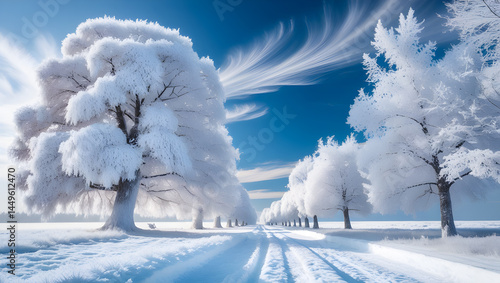 Winterlich verschneite Straße mit gefrorenen Bäumen am Straßenrand