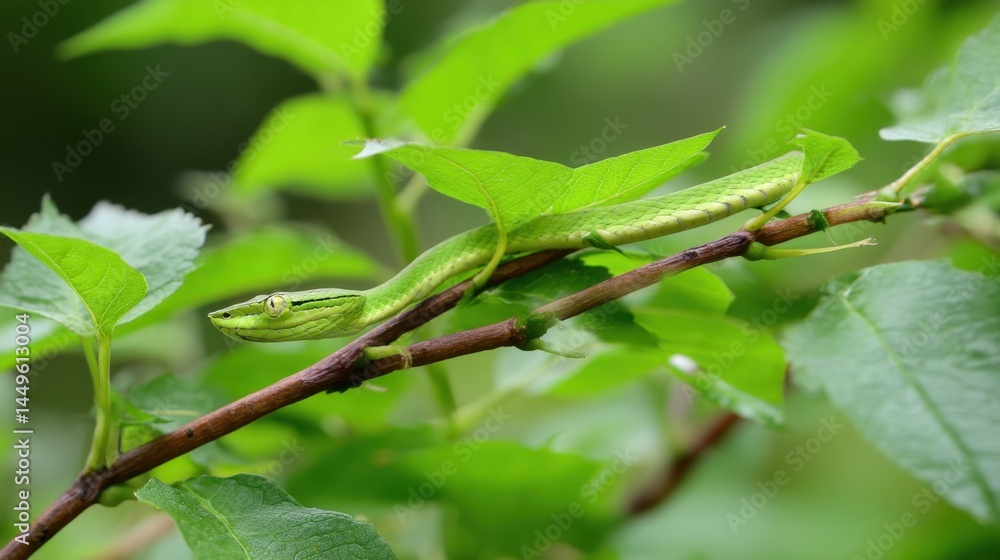 Green Vine Snake Camouflaged in Foliage Green Vine Snake Camouflaged in Foliage