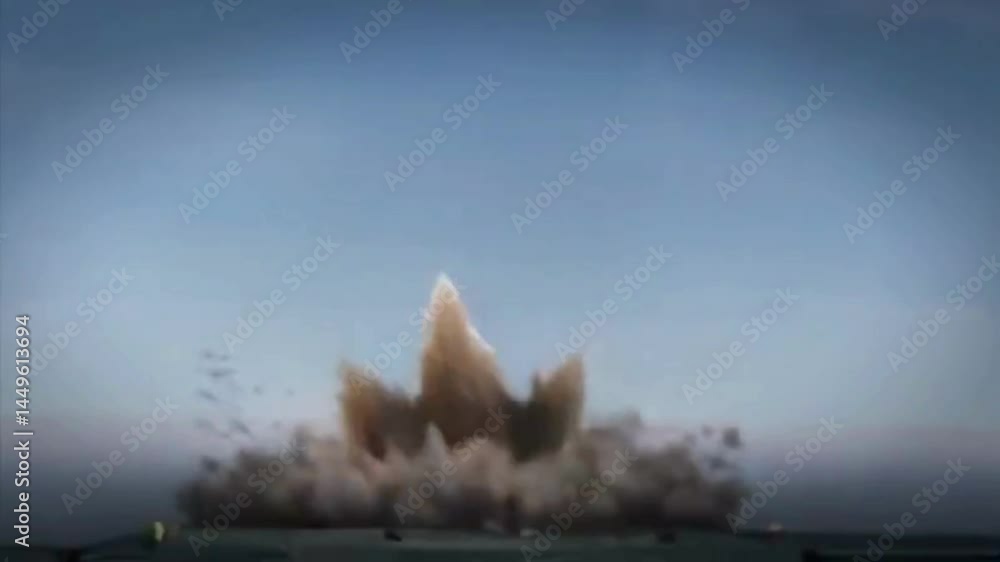Animation of a nuclear explosion with a mushroom at desert. The concept of nuclear war.