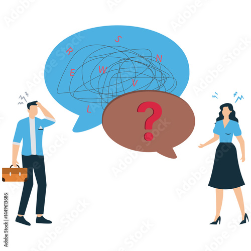 Businessman speak with jumbled letter in speech bubble symbolizing unclear message or confusion communication