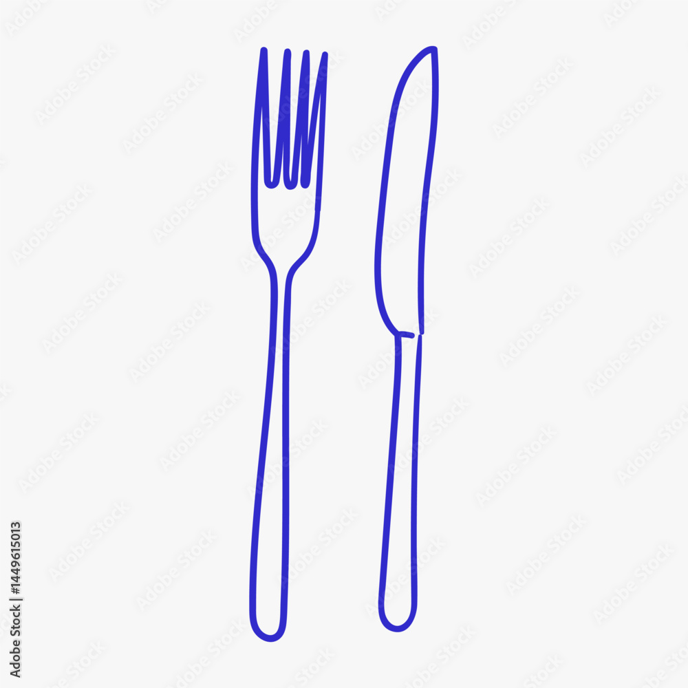 Simple illustration of a fork and knife in blue outline design, perfect for culinary themes and dining contexts Simple illustration of a fork and knife in blue outline design, perfect for culinary themes and dining contexts