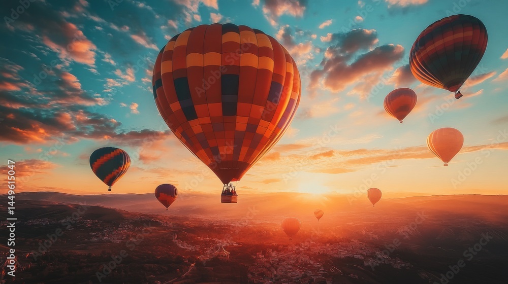Obraz premium Hot air balloons flying over a landscape at sunset