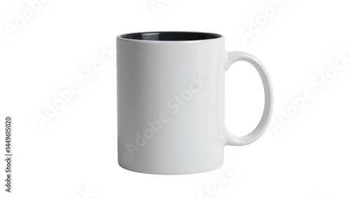 Plain white coffee mug with a dark gray handle and rim.  It's isolated on tranpsarent png