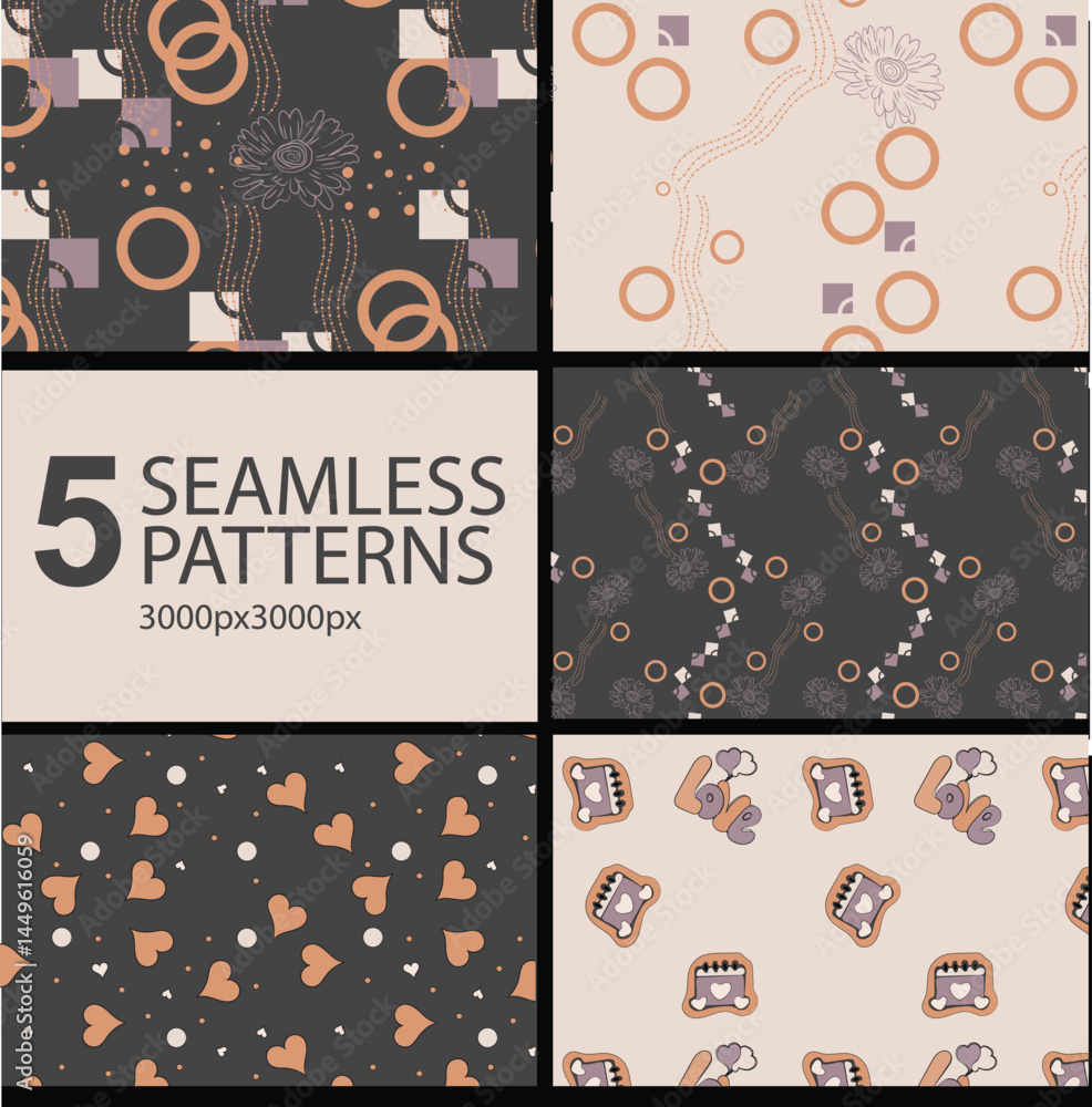 Fototapeta premium Modern Floral Geometry Mother Day Seamless Pattern Trendy seamless patterns fusing minimalist floral shapes with geometric patterns in muted tones.