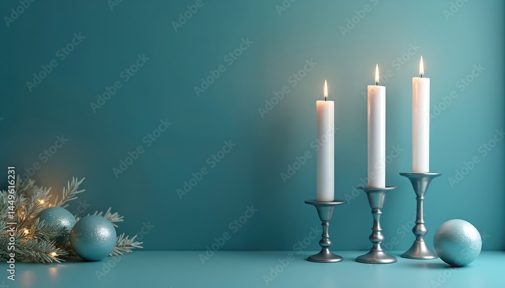 Minimalist Hanukkah illustration with candles, holiday decor. Blue silver decorations, lights sparkle. Bright candles with elegant holders, festive atmosphere. Suitable for holiday cards, design