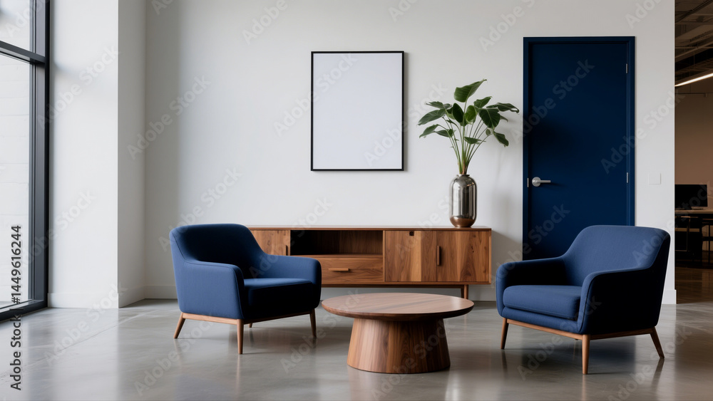 Fototapeta premium Modern Office Lounge Cozy and Professional Navy Armchairs with Wooden Accents