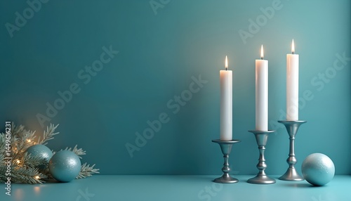 Obraz na płótnie Minimalist Hanukkah illustration with candles, holiday decor. Blue silver decorations, lights sparkle. Bright candles with elegant holders, festive atmosphere. Suitable for holiday cards, design w salonie