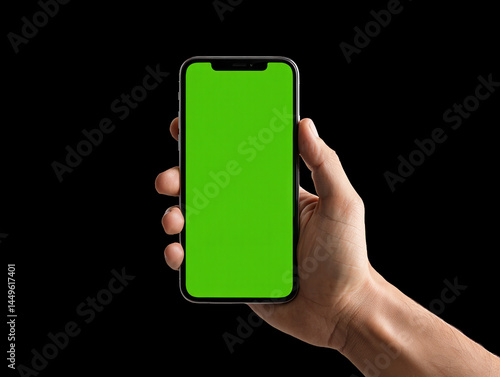 Photorealistic image of a male hand holding a modern smartphone vertically, blank green screen displayed, isolated on a transparent background, high detail suitable for overlay use in PNG format
