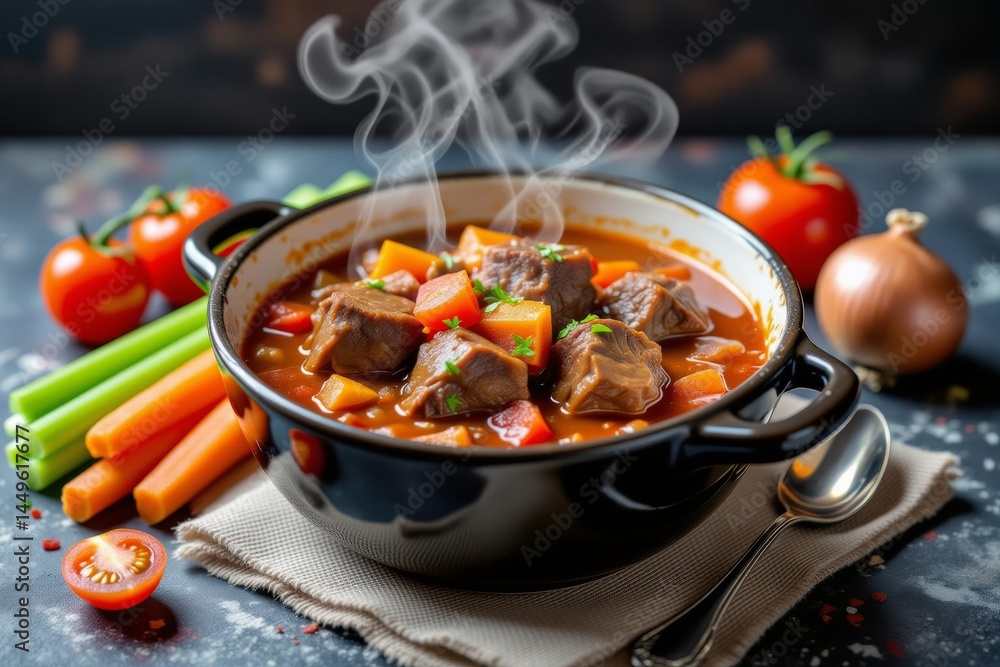 Close-up of oxtail tomato stew, Coda alla Vaccinara with carrots, celery, and tomatoes in black bowl. Concept of oxtail tomato stew highlighting rich textures and steaming aroma. Close-up of oxtail tomato stew, Coda alla Vaccinara with carrots, celery, and tomatoes in black bowl. Concept of oxtail tomato stew highlighting rich textures and steaming aroma.
