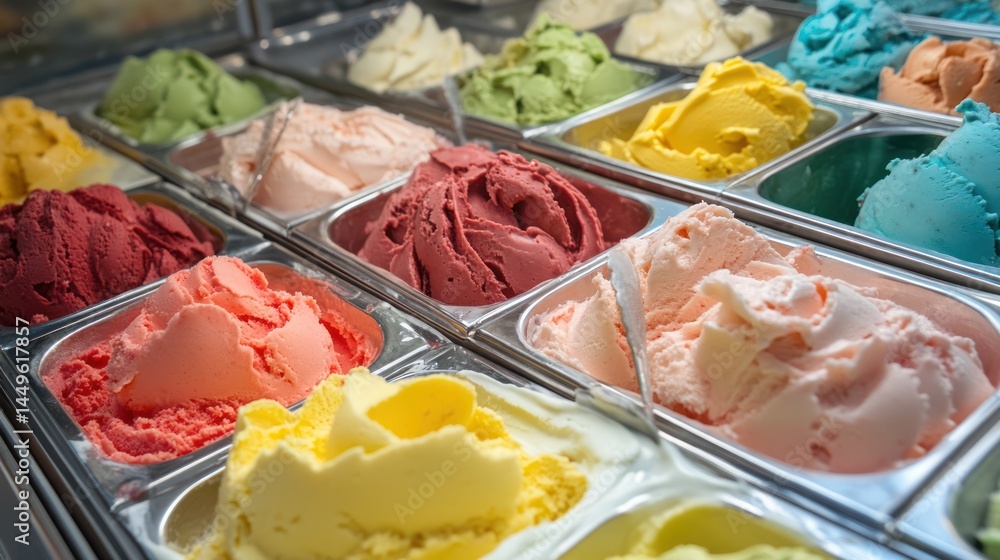 Fototapeta premium A variety of colorful ice cream flavors displayed in metal containers.