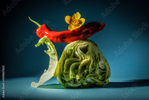 Iceberg lettuce with paprika and a yellow flower.