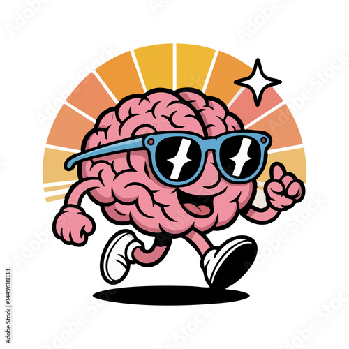 Vintage cartoon of a brain wearing sunglasses and running.