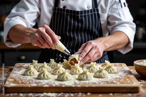 Chef decorating assorted bite-sized dumplings, Dim Sum, on wooden cutting board with piping bag. Concept of creating assorted bite-sized dumplings in warm kitchen atmosphere.