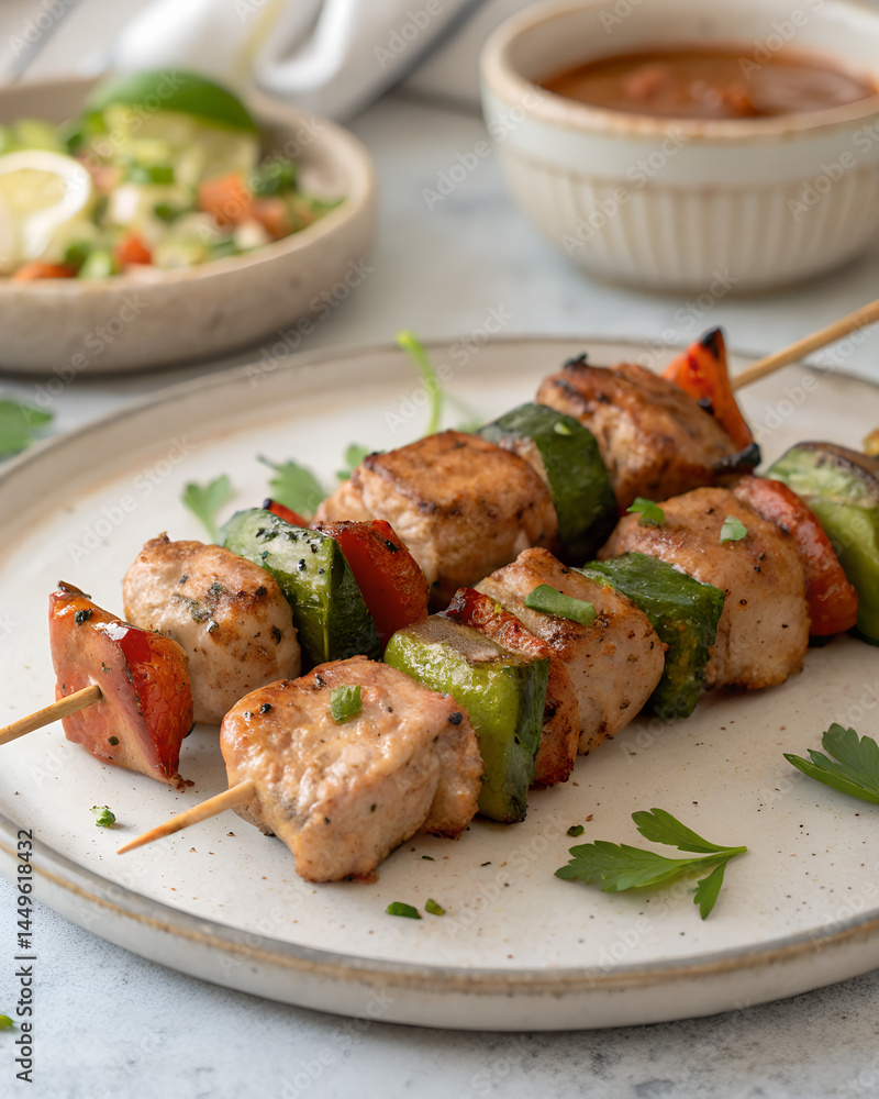 Close-up of assorted shashlik skewers, including marinated lamb, chicken, and vegetables like bell peppers and tomatoes, arranged over an open flame grill, with sizzling effect and rising smoke, outdo Close-up of assorted shashlik skewers, including marinated lamb, chicken, and vegetables like bell peppers and tomatoes, arranged over an open flame grill, with sizzling effect and rising smoke, outdo