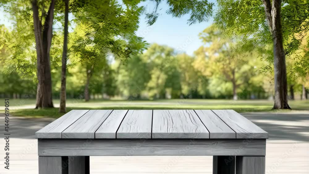 Rustic white wooden table provides a clear foreground in a lush park setting, ideal for product display and outdoor concepts Rustic white wooden table provides a clear foreground in a lush park setting, ideal for product display and outdoor concepts
