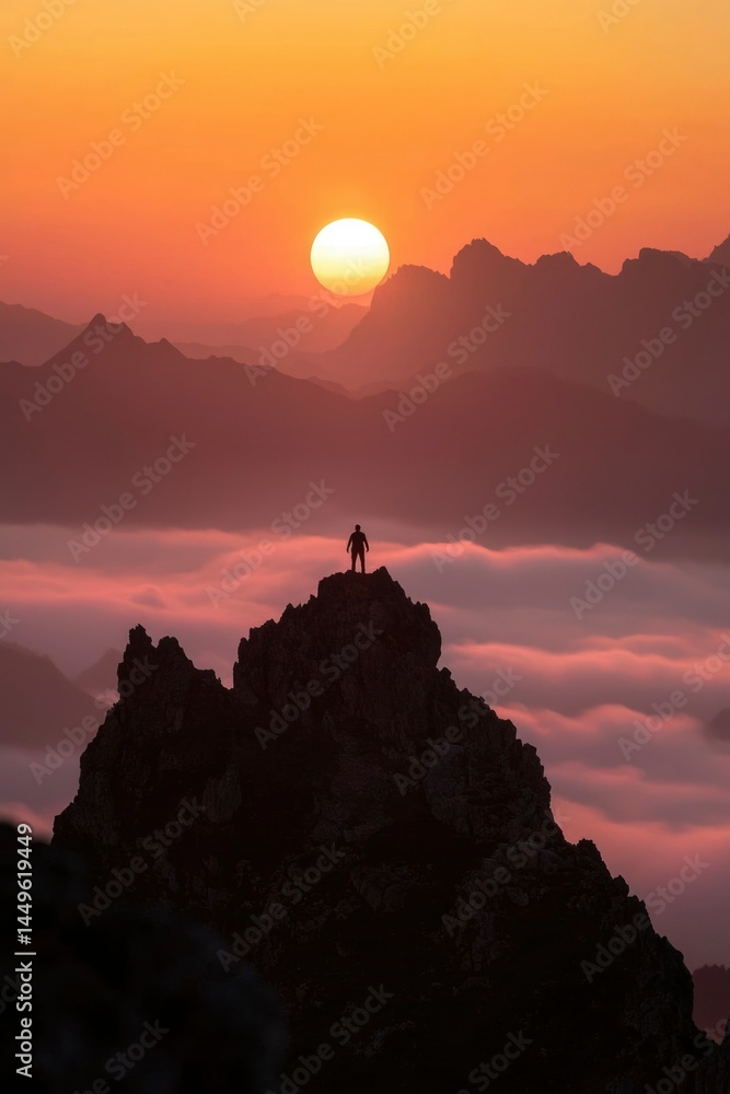 Fototapeta premium Person stands atop mountain peak overlooking clouds during a stunning sunset