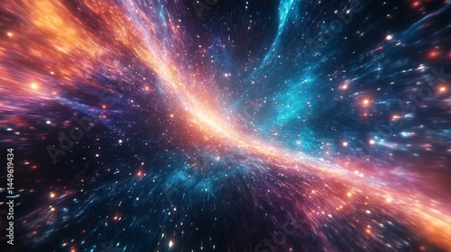 Abstract space background with neon and colorful glowing light streaks in dark space with stars