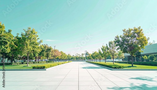 Tranquil walkway surrounded by lush greenery modern urban park landscape photography bright daylight wide-angle viewpoint