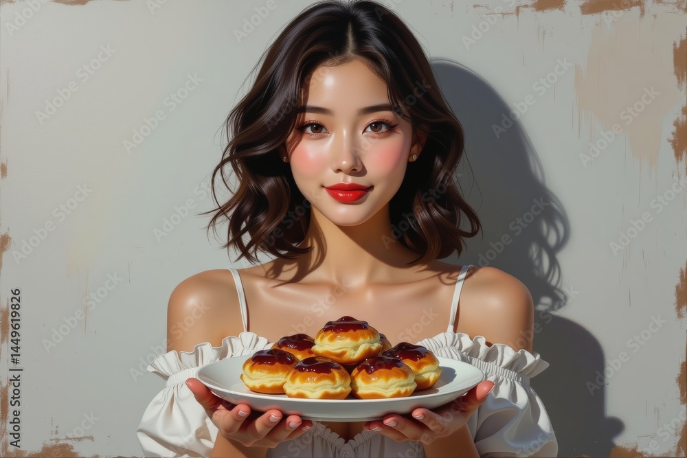Young Asian woman holding plate of Danish pancake balls, Ebelskivers, wearing white off-the-shoulder top. Concept of enjoying Danish pancake balls in cozy setting. Young Asian woman holding plate of Danish pancake balls, Ebelskivers, wearing white off-the-shoulder top. Concept of enjoying Danish pancake balls in cozy setting.