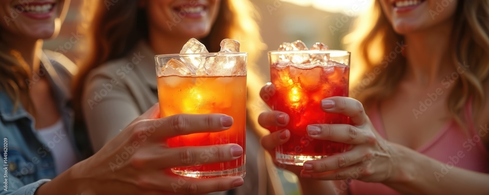 Group of women holding cocktails with ice. Smiling people enjoy fresh drinks. Celebration, bar, party, friends, holiday, vacation, happiness, enjoyment, friendship, cheering with drinks.