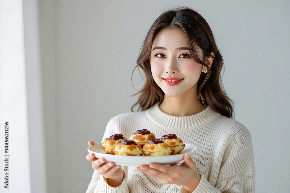 Young woman with warm smile holding plate of Danish pancake balls, Ebelskivers. Concept of inviting atmosphere centered around Danish pancake balls and cheerful presentation. Young woman with warm smile holding plate of Danish pancake balls, Ebelskivers. Concept of inviting atmosphere centered around Danish pancake balls and cheerful presentation.