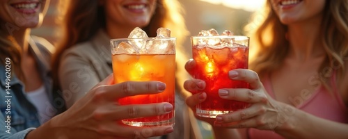 Obraz na płótnie Group of women holding cocktails with ice. Smiling people enjoy fresh drinks. Celebration, bar, party, friends, holiday, vacation, happiness, enjoyment, friendship, cheering with drinks. w salonie