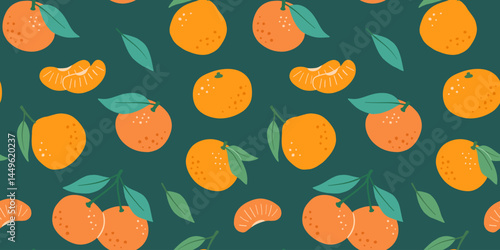 Seamless pattern with tangerine with leaves, fruits on dark background. Vector illustrations of flat citrus.