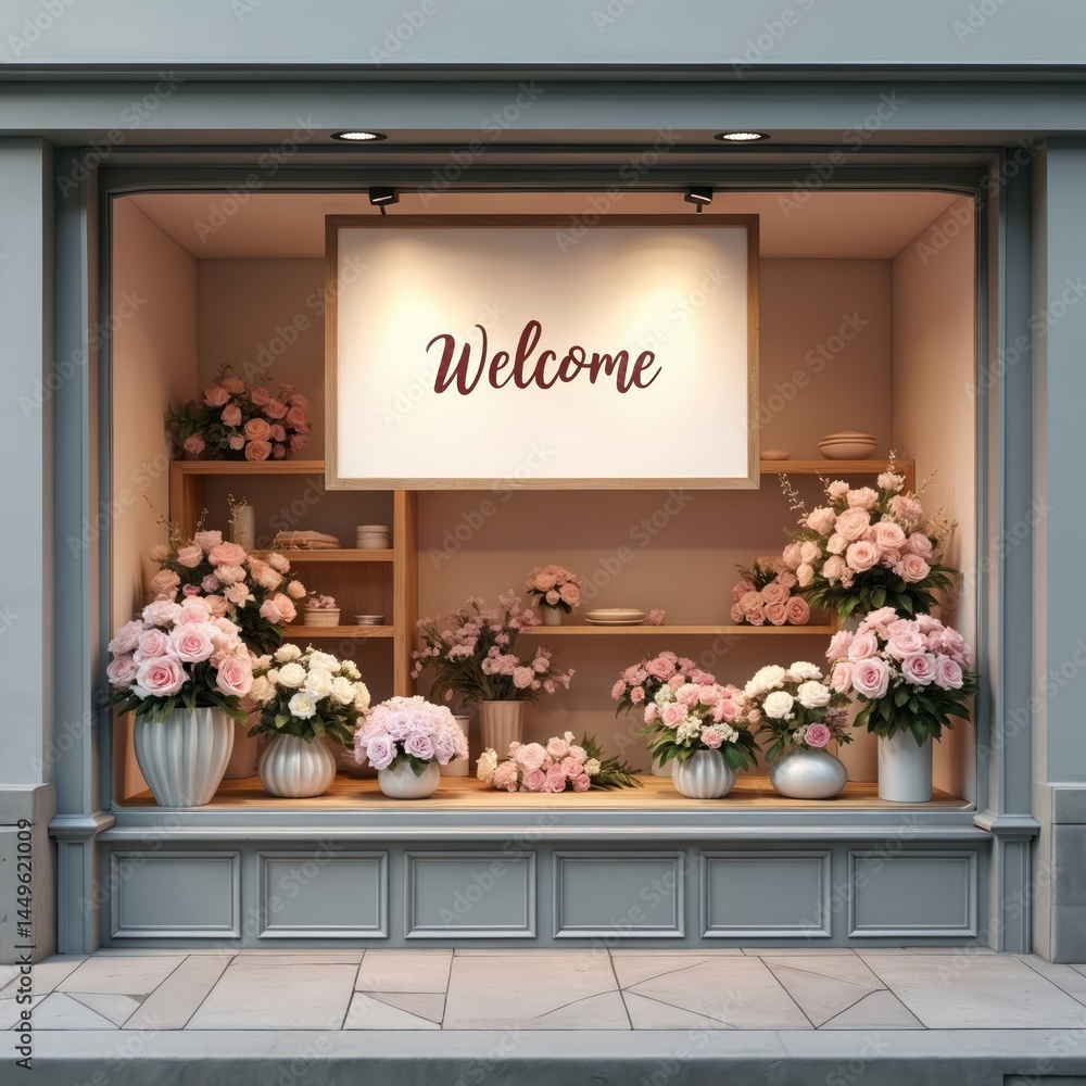 Charming street view of flower shop display with Welcome sign. Roses, other flowers in vases, pots on shelves. Classic storefront, cozy, inviting. Perfect for business, travel, holiday concepts.