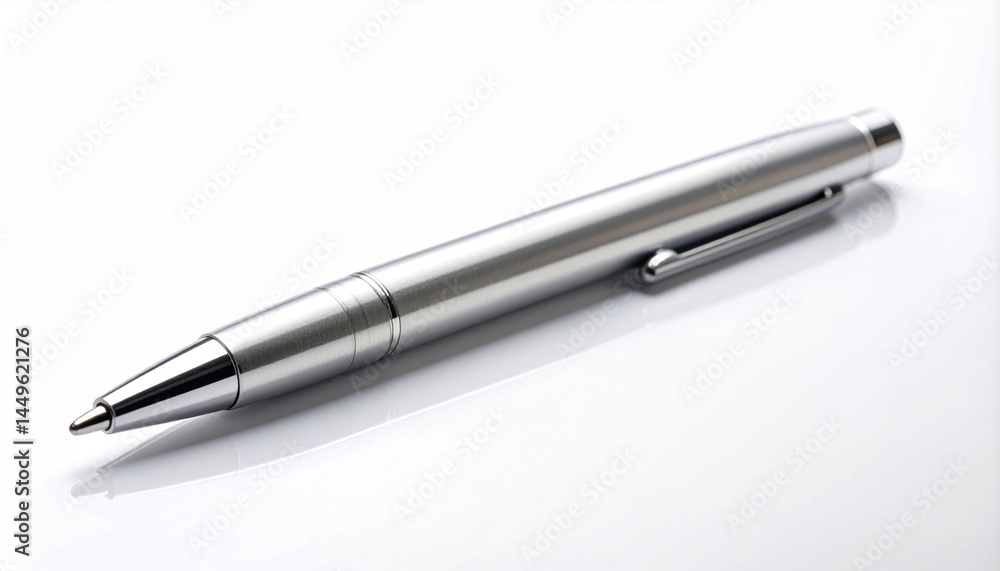 Writing tools action silver pen on white background product photography minimalist environment close-up view office essentials Writing tools action silver pen on white background product photography minimalist environment close-up view office essentials