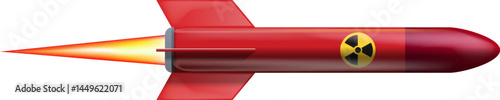 Red atomic bomb and weapon rocket isolated on a white background. Red nuclear weapon with fire from the nozzle and radiation icon, vector illustration.
