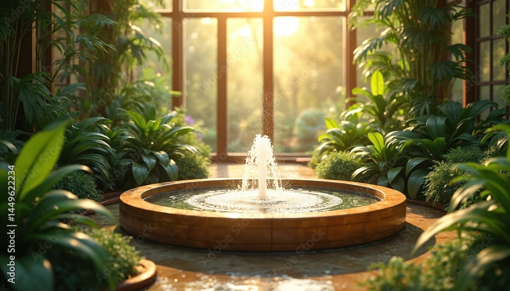 Indoor fountain with plants bathed in golden sunlight. Serene atrium oasis, water feature in building, surrounded by vibrant plants, palm trees, creating calming atmosphere. Harmony, balance,