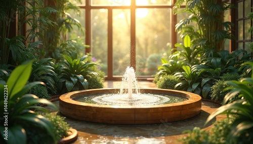 Obraz na płótnie Indoor fountain with plants bathed in golden sunlight. Serene atrium oasis, water feature in building, surrounded by vibrant plants, palm trees, creating calming atmosphere. Harmony, balance, w salonie