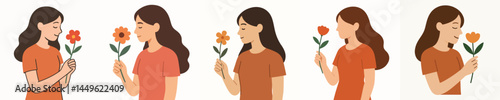 Vector of young woman holding flowers and smiling
