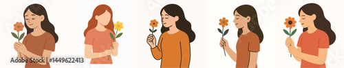 Vector of young woman holding flowers and smiling