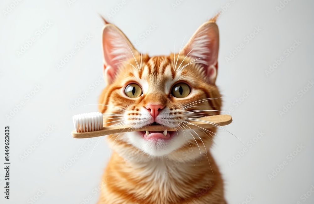 Close-up of cute ginger cat with toothbrush in mouth against white backdrop. Promote pet dental health. Domestic feline, animal care, teeth cleaning concept for pet owners.