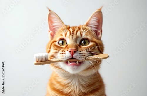 Obraz na płótnie Close-up of cute ginger cat with toothbrush in mouth against white backdrop. Promote pet dental health. Domestic feline, animal care, teeth cleaning concept for pet owners. w salonie