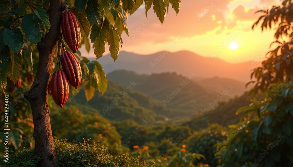 Scenic cocoa bean plantation at sunset. Red cocoa pods hang from tree. Mountain view, golden hour, natural light. Cacao plants, chocolate production origins. Agriculture, food, drink industry.
