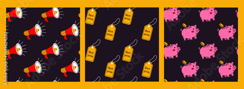 Colorful pattern designs featuring megaphones, price tags, and cartoon pigs in vivid styles