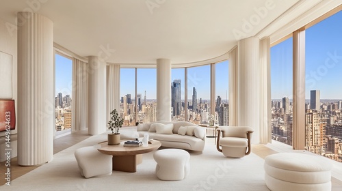 Modern penthouse living room with city views