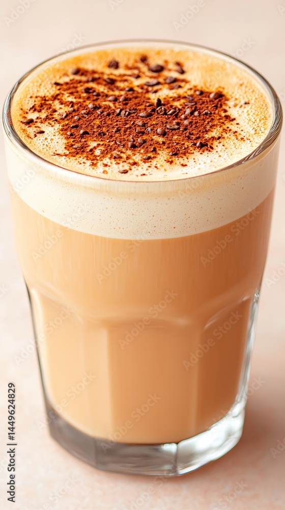 Latte in Glass Cup with Cocoa Powder Latte in Glass Cup with Cocoa Powder