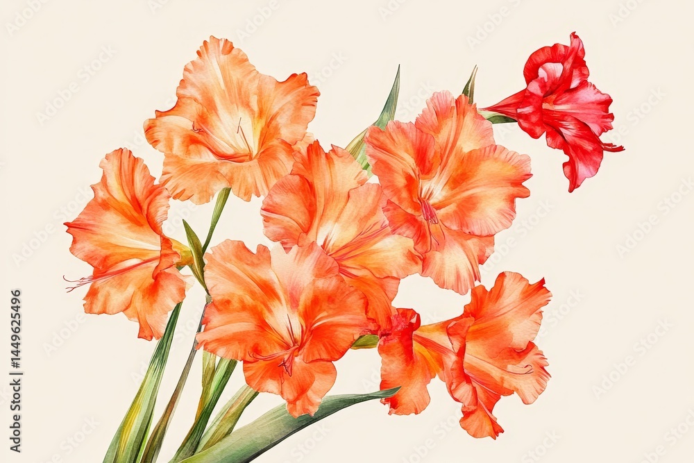 Fototapeta premium A vibrant arrangement of peach and scarlet gladioli.