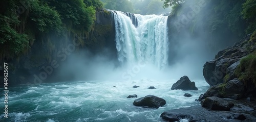 Powerful waterfall cascades down rocky face, mist, turbulence. Lush green vegetation surrounds stream. Scenic nature landscape, water flow, dynamic movement in outdoors.