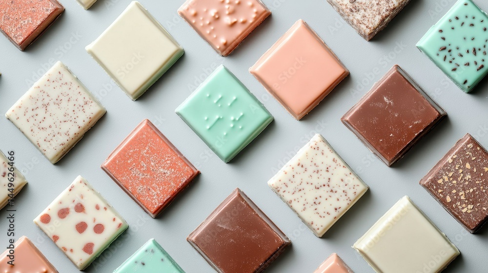 Arrangement of small square chocolate bars in various colors and patterns. Arrangement of small square chocolate bars in various colors and patterns.