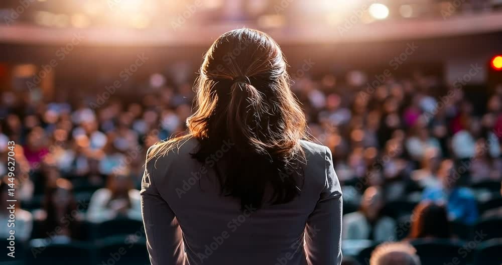 Woman addressing a large audience in a theater, spotlight illuminating the stage Woman addressing a large audience in a theater, spotlight illuminating the stage